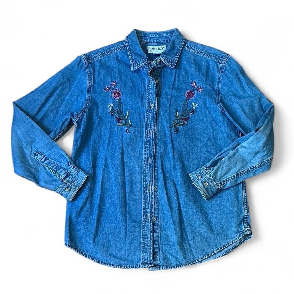Vintage Cottagecore Denim Floral Embroidered Button Down Shirt Cotton Medium
